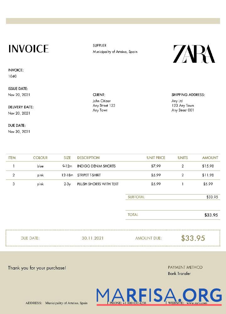 Downloadable USA ZARA invoice template